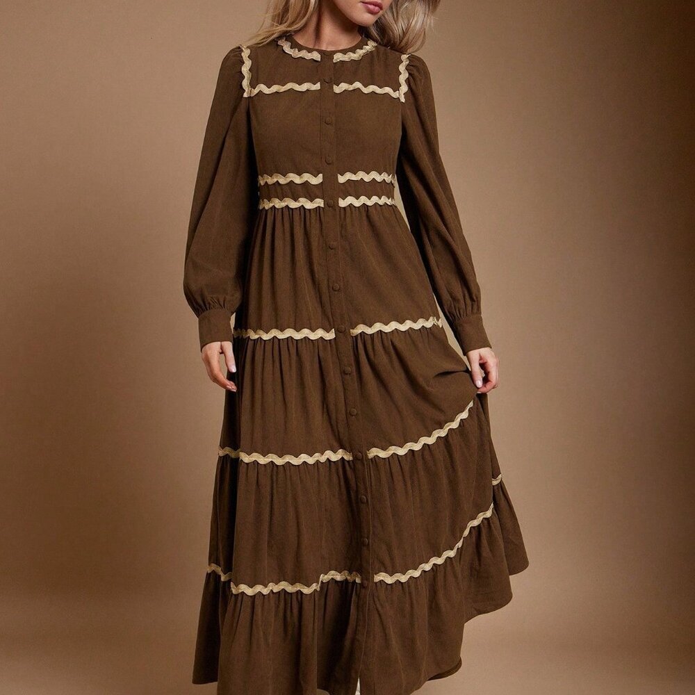 Brown Casual Women's Contrast Trim Crewneck Button Front Corduroy Maxi Dress - Picture 3 of 6